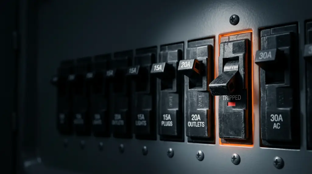 Breaker Keeps Tripping? How to Find the Cause and Fix It Safely 7 Close-up of a tripped breaker in a home electrical panel, lit by a flashlight, when a breaker keeps tripping