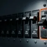 Close-up of a tripped breaker in a home electrical panel, lit by a flashlight, when a breaker keeps tripping