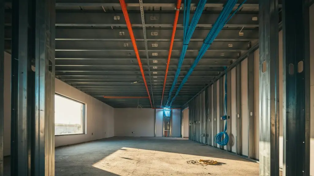 Hiring a Commercial Electrician for Your Build-Out in Colorado 3 Commercial electrician build-out with orange power conduit and blue data cable running to a new panel
