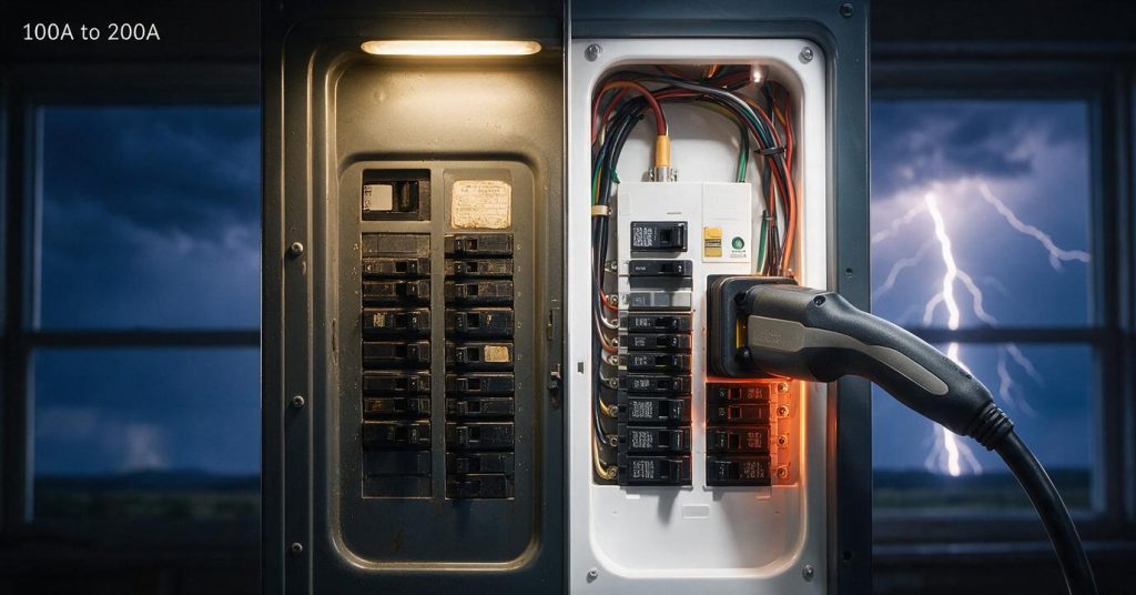 Electrical Panel Upgrade in Colorado: A Homeowner's Guide 8 Split view of an old 100-amp breaker panel next to a new 200-amp electrical panel upgrade in a Colorado garage