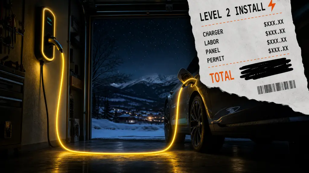 EV Charger Installation Cost in Colorado: The 2026 Breakdown 6 EV charger installation cost breakdown graphic over a glowing Level 2 charger in a snowy Colorado garage