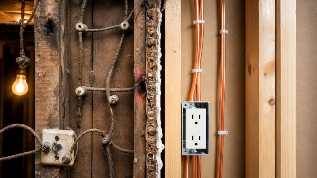 When to Rewire a House: Signs, Costs, and What to Expect 4 Split wall showing old knob and tube wiring beside new copper wiring, when to rewire a house